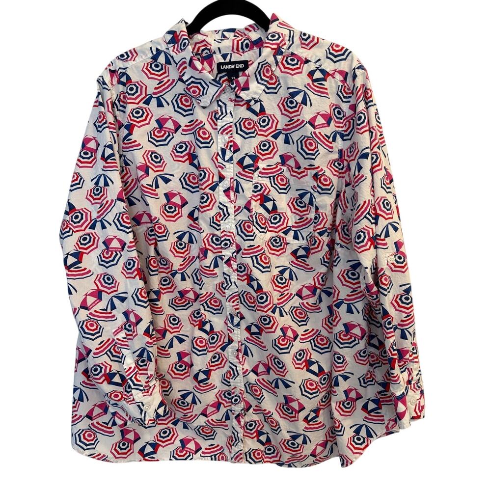 Lands End Beach Umbrella Print Button Down Shirt Coastal Grandmillennial Size 2X